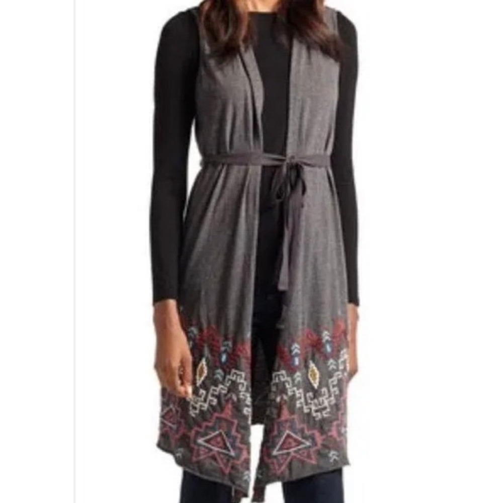 JW Los Angeles Embroidered Southwestern Duster Vest Gray Large